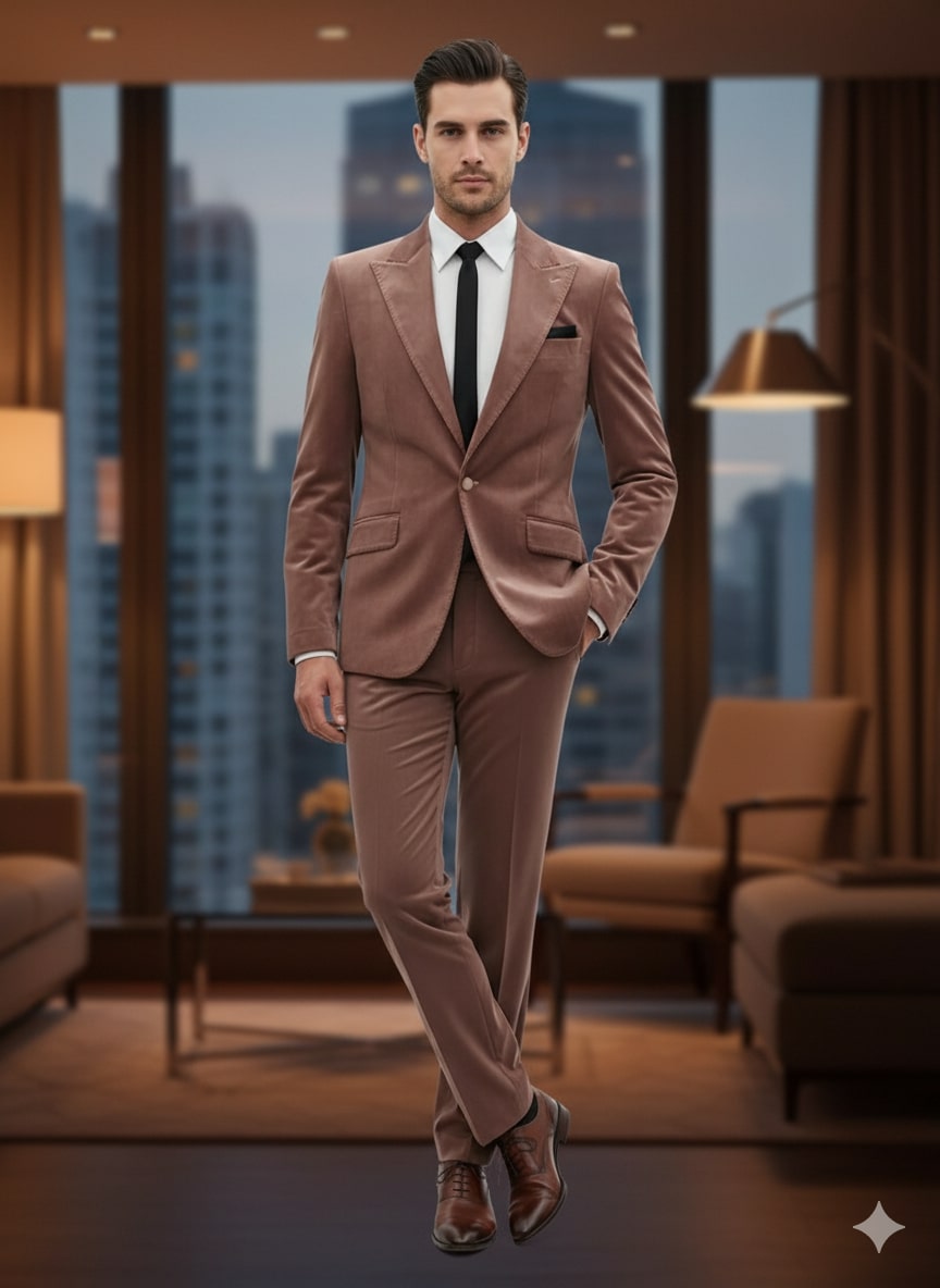 Mens Mauve Velvet Suit – 2 Piece Ultra Slim Fit Blazer and Pants Formal Set in Light Brown Tuxedo
