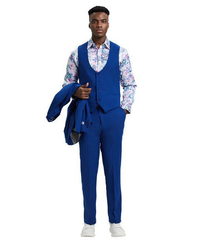 Stacy Adams Men’s Premium Royal Blue Modern Fit Three Piece One Button Peak Lapel Suit
