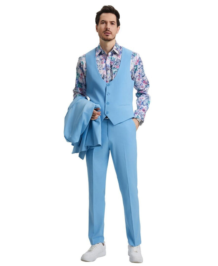 Stacy Adams Men’s Premium Sky Blue-Light Blue Modern Fit Three Piece One Button Peak Lapel Suit