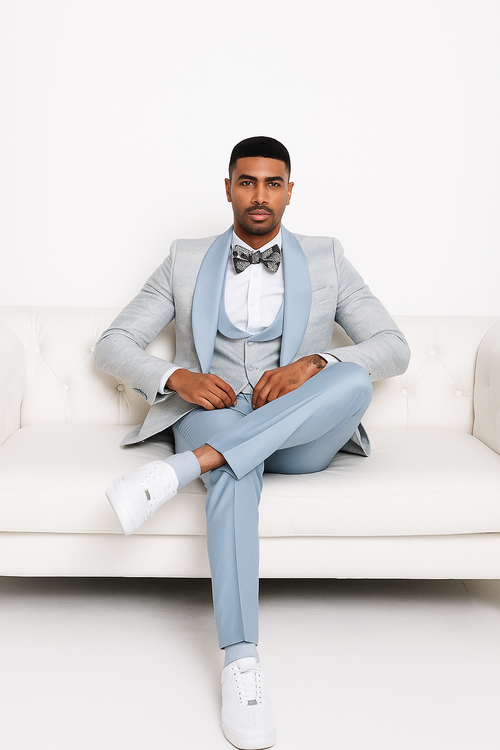 2024 Prom Special Blue Tuxedo Suit w/ Double-Breasted Vest by Tazzio PROMTUXEDO