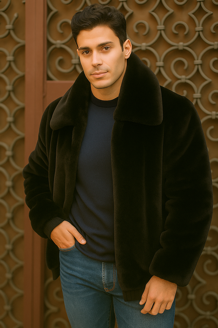 Men's Black Faux Fur Overcoat by Alberto Nardoni