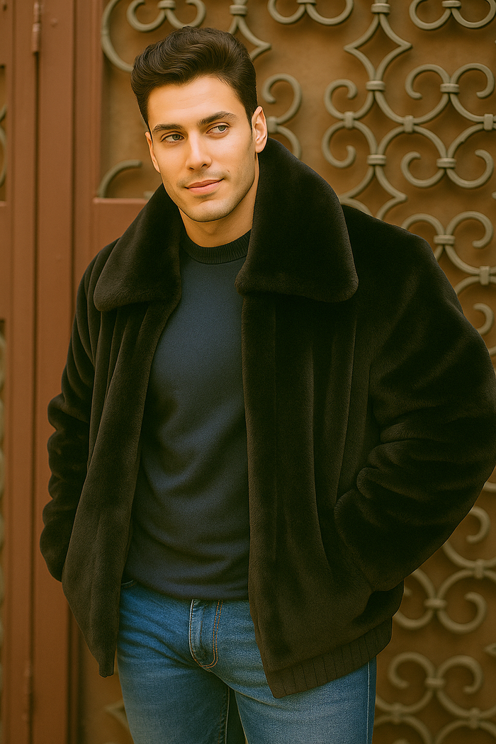 Men's Black Faux Fur Overcoat by Alberto Nardoni