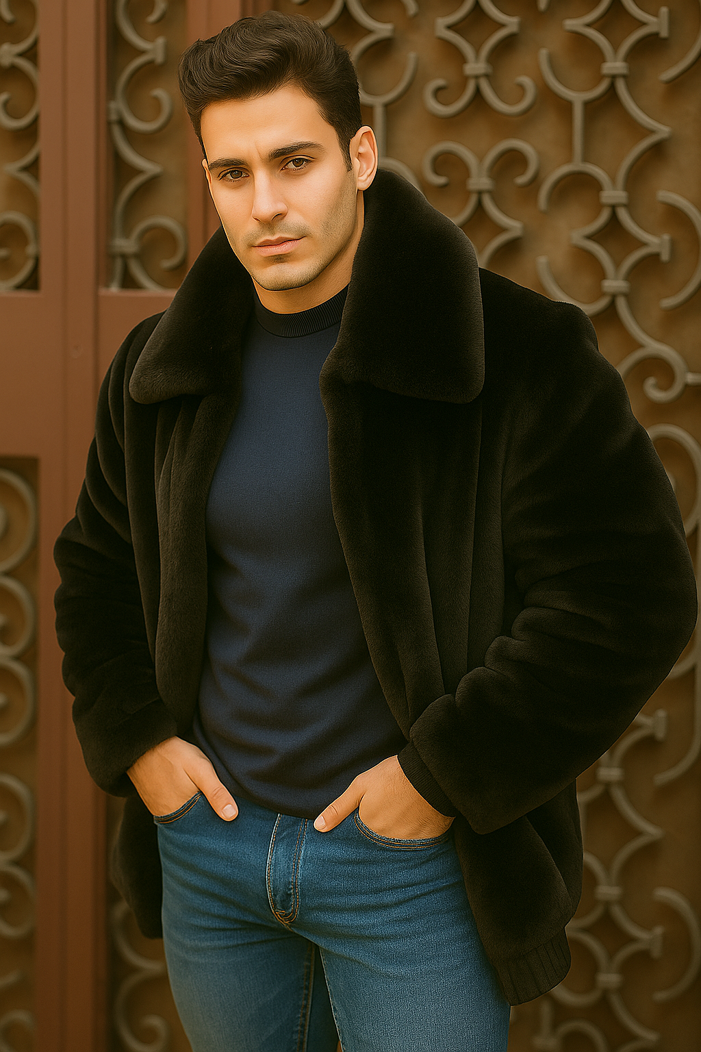 Men's Black Faux Fur Overcoat by Alberto Nardoni