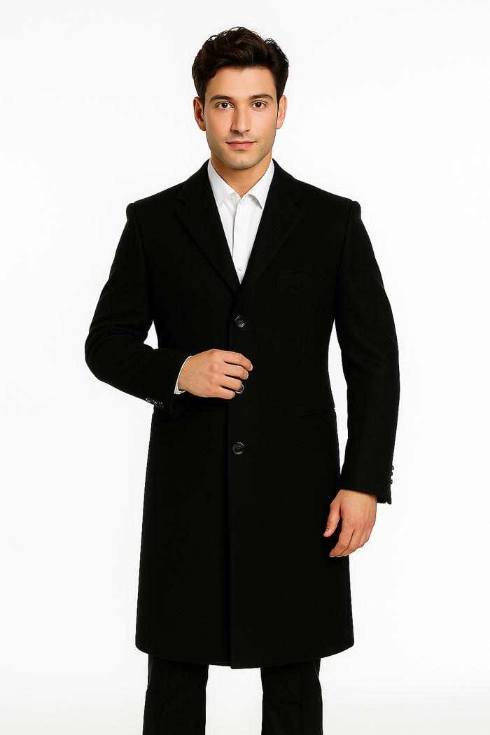 Men's Black Wool Overcoat - 3 Button by Alberto Nardoni