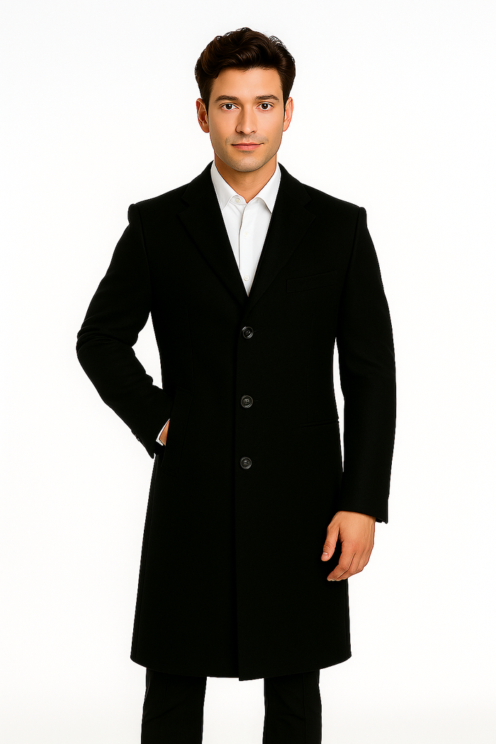 Men's Black Wool Overcoat - 3 Button by Alberto Nardoni