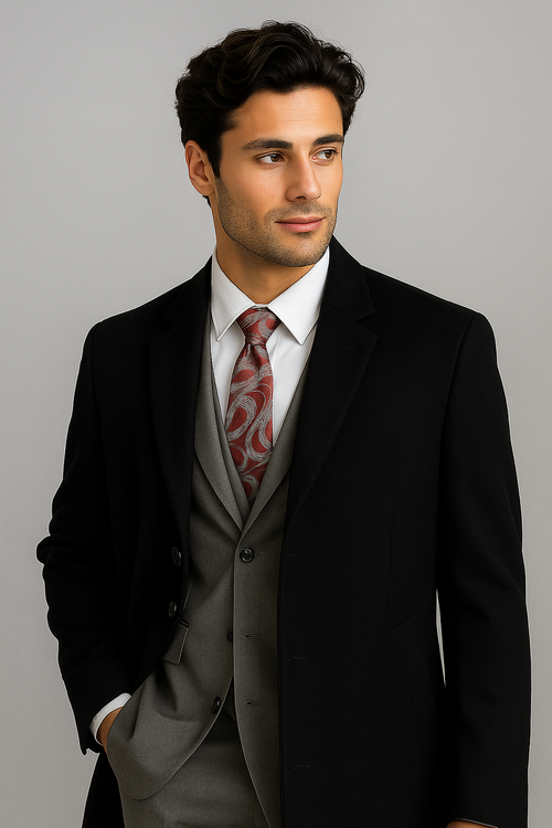 Men's Black Wool & Cashmere Overcoat - Classic Full Length Topcoat USA Men's Outlet