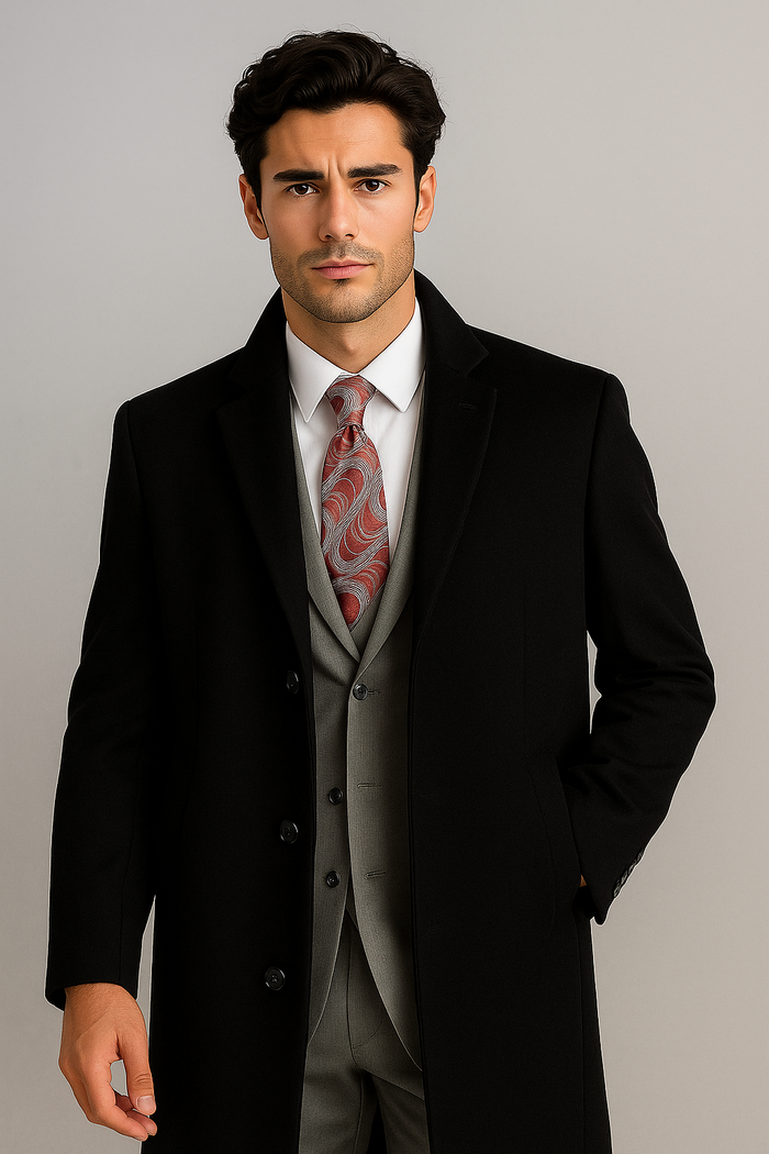 Men's Black Wool & Cashmere Overcoat - Classic Full Length Topcoat USA Men's Outlet