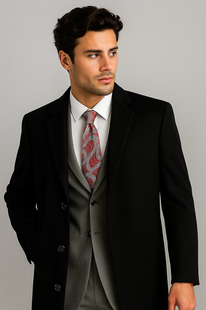 Men's Black Wool & Cashmere Overcoat - Classic Full Length Topcoat USA Men's Outlet