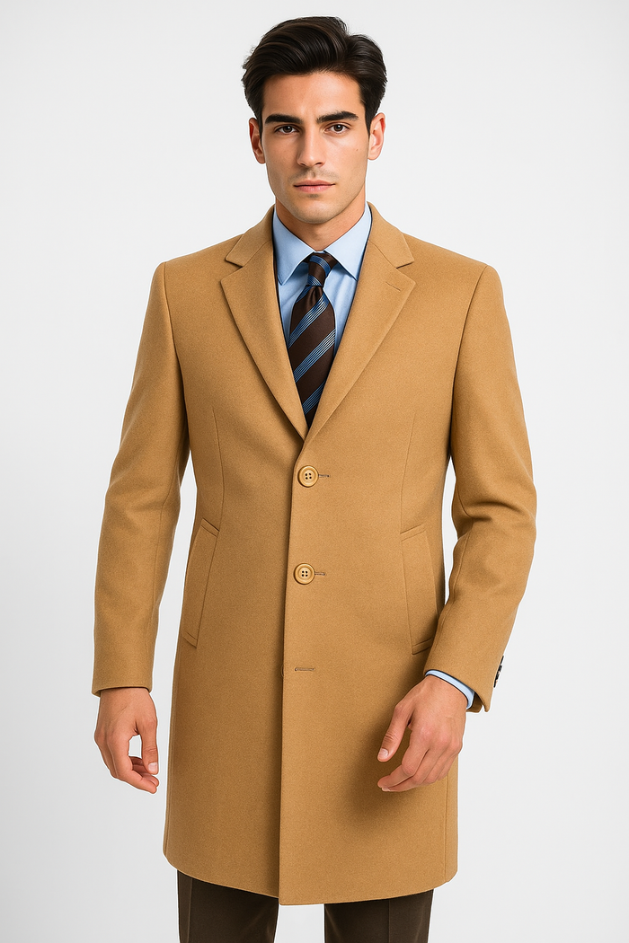 Men's Camel Wool & Cashmere Overcoat - Classic Full Length Topcoat by USA Men's Outlet