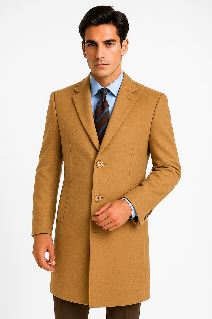 Men's Camel Wool & Cashmere Overcoat - Classic Full Length Topcoat by USA Men's Outlet