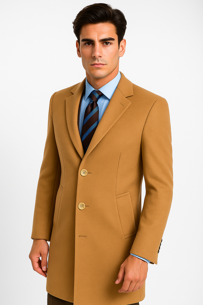 Men's Camel Wool & Cashmere Overcoat - Classic Full Length Topcoat by USA Men's Outlet