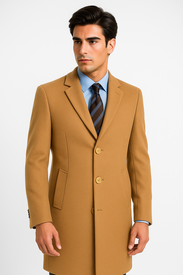 Men's Camel Wool & Cashmere Overcoat - Classic Full Length Topcoat by USA Men's Outlet