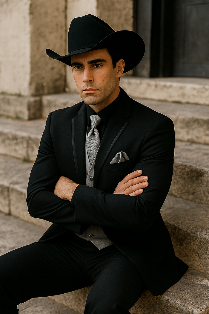 Men’s Black Western Tuxedo with Silver Vest & Cowboy Hat - Slim Fit by USA Men's Outlet