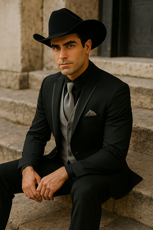 Men’s Black Western Tuxedo with Silver Vest & Cowboy Hat - Slim Fit by USA Men's Outlet