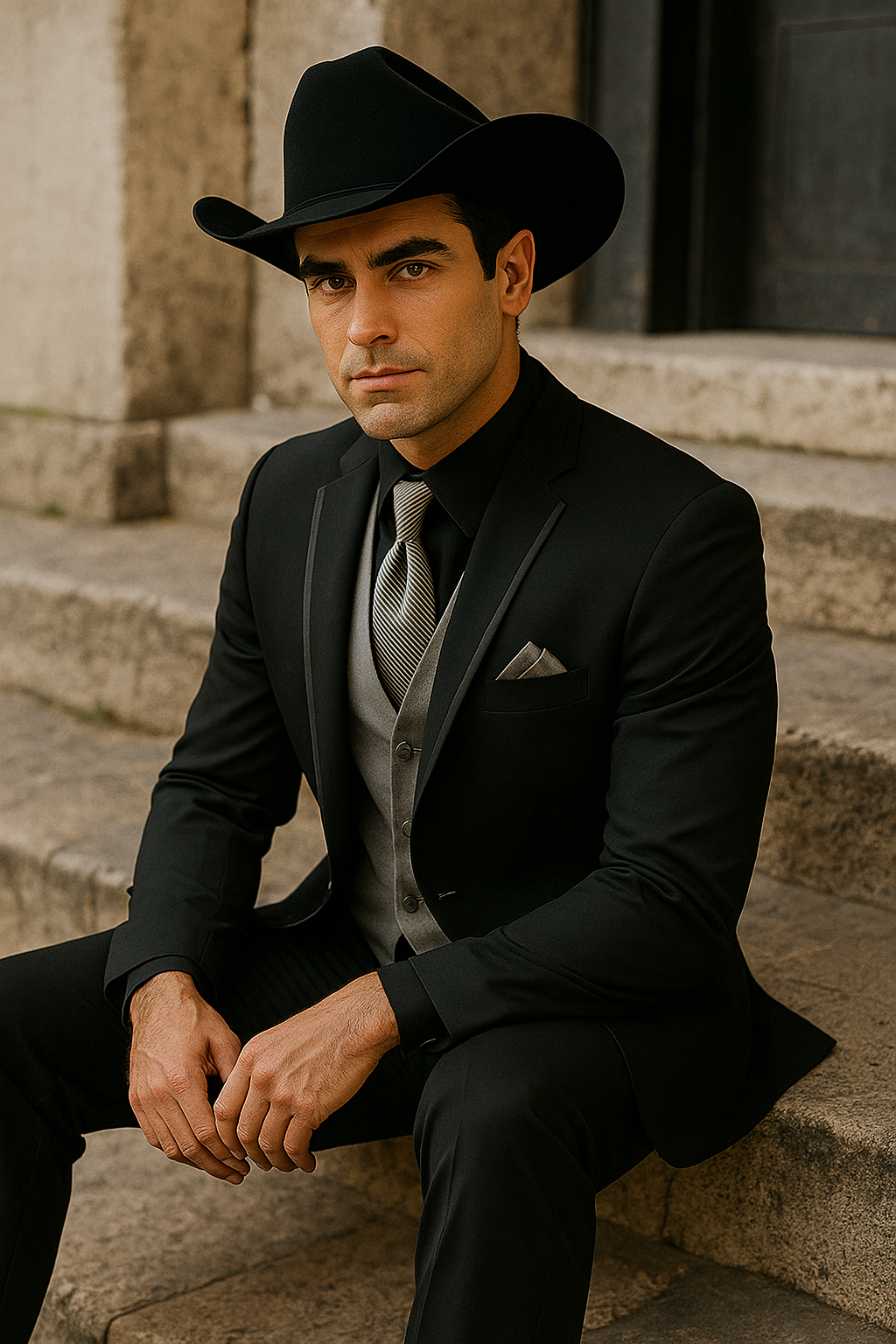 Men’s Black Western Tuxedo with Silver Vest & Cowboy Hat - Slim Fit by USA Men's Outlet