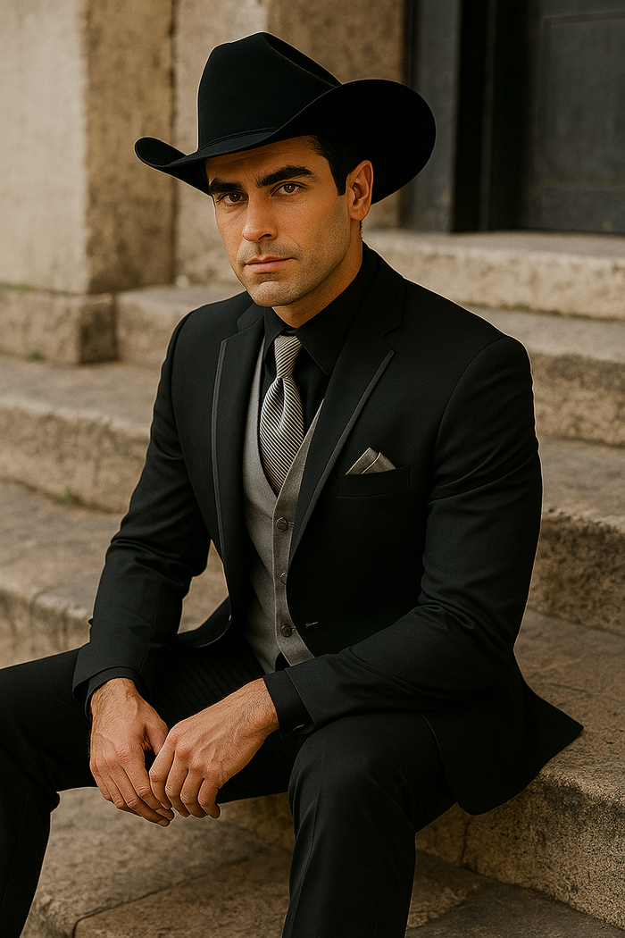 Men’s Black Western Tuxedo with Silver Vest & Cowboy Hat - Slim Fit by USA Men's Outlet