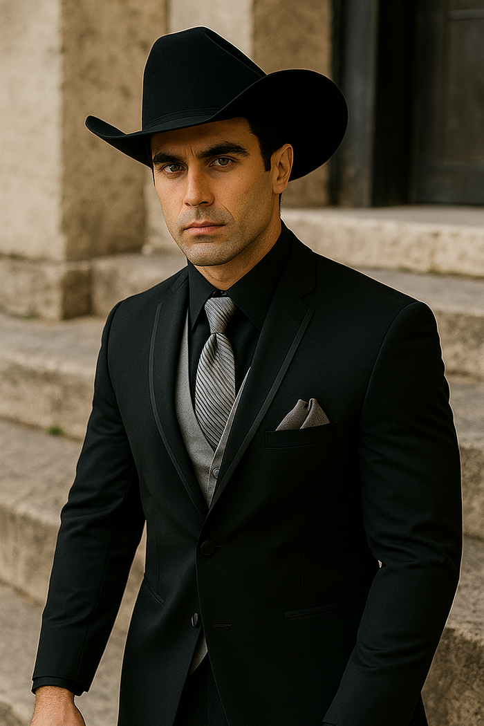 Men’s Black Western Tuxedo with Silver Vest & Cowboy Hat - Slim Fit by USA Men's Outlet