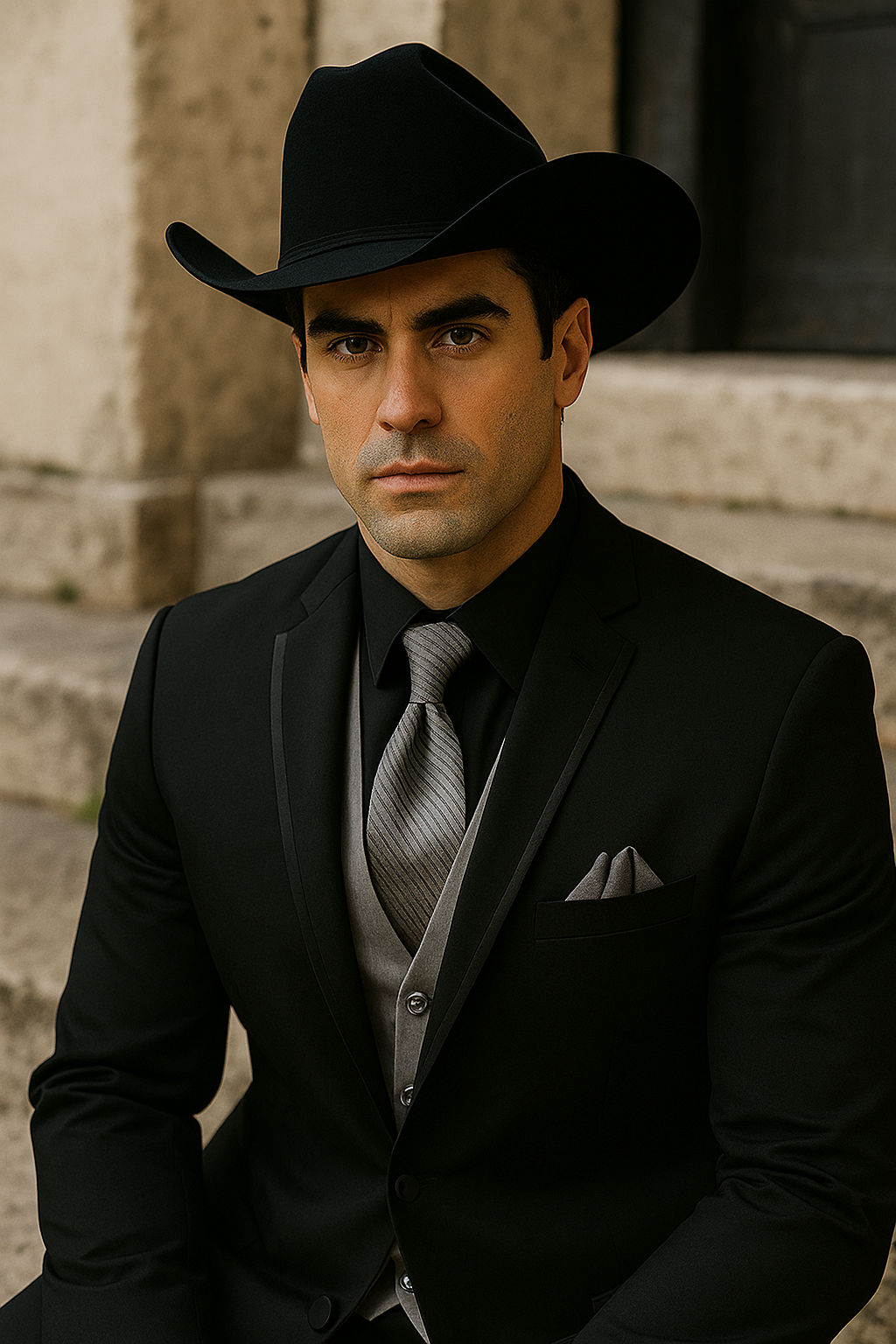 Men’s Black Western Tuxedo with Silver Vest & Cowboy Hat - Slim Fit by USA Men's Outlet