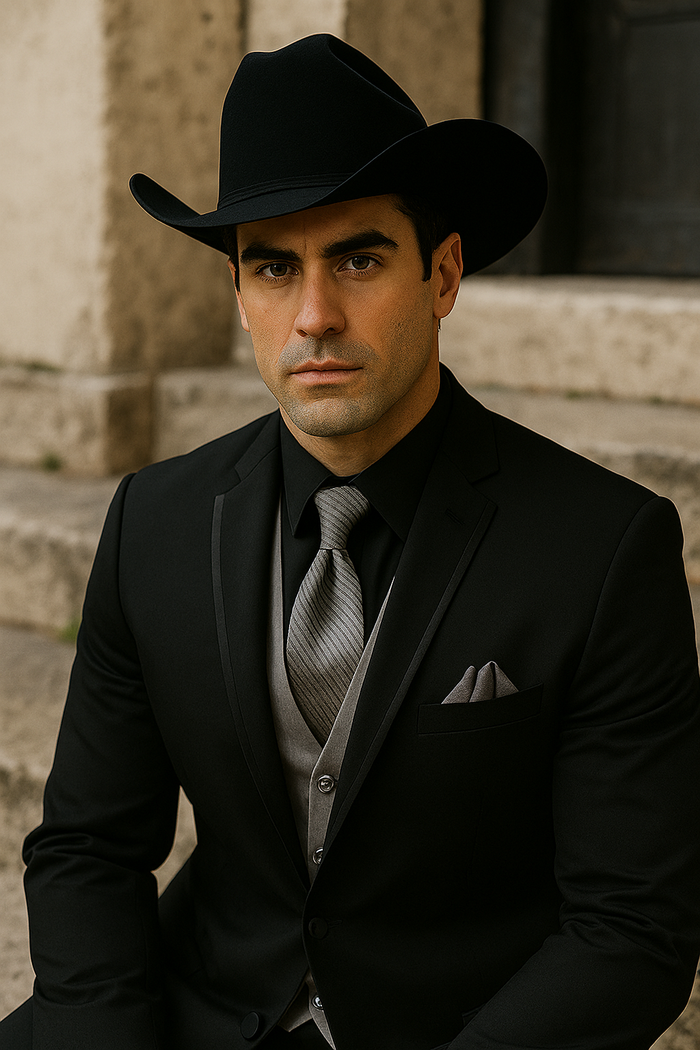Men’s Black Western Tuxedo with Silver Vest & Cowboy Hat - Slim Fit by USA Men's Outlet