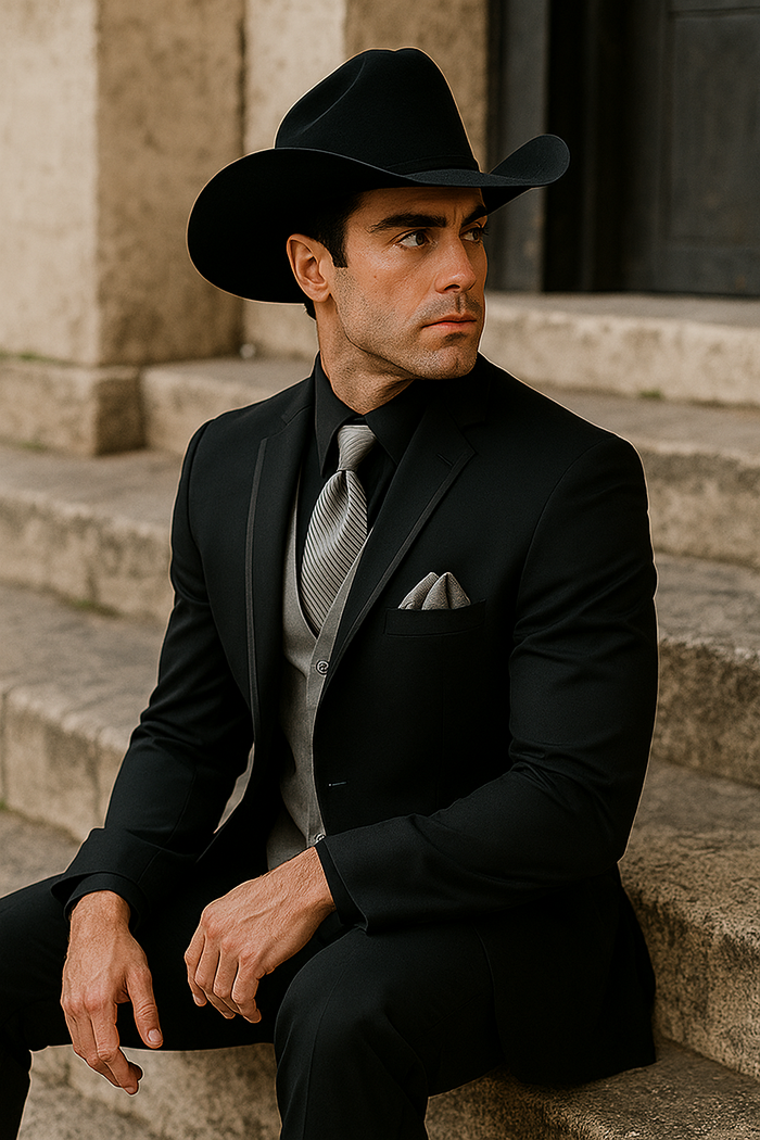Men’s Black Western Tuxedo with Silver Vest & Cowboy Hat - Slim Fit by USA Men's Outlet