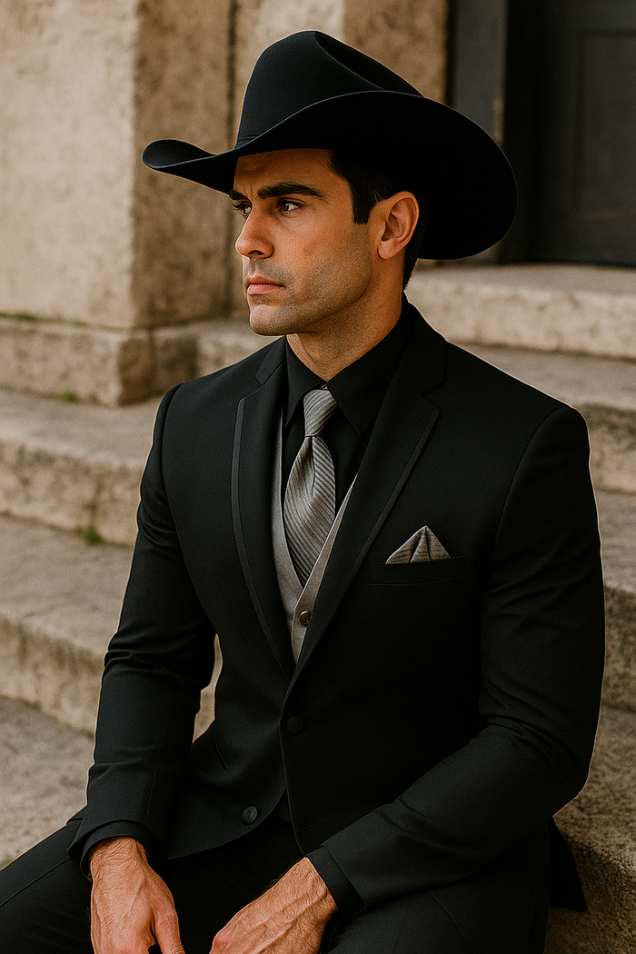 Men’s Black Western Tuxedo with Silver Vest & Cowboy Hat - Slim Fit by USA Men's Outlet
