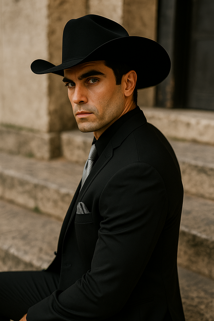 Men’s Black Western Tuxedo with Silver Vest & Cowboy Hat - Slim Fit by USA Men's Outlet