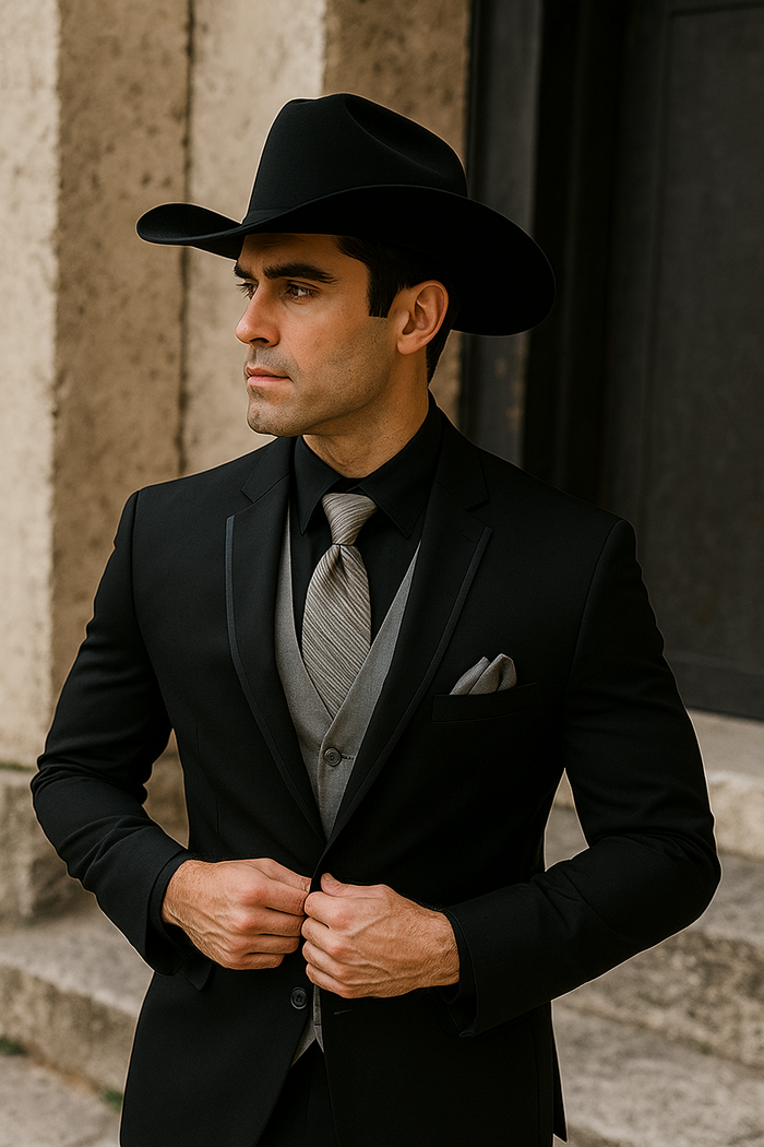 Men’s Black Western Tuxedo with Silver Vest & Cowboy Hat - Slim Fit by USA Men's Outlet