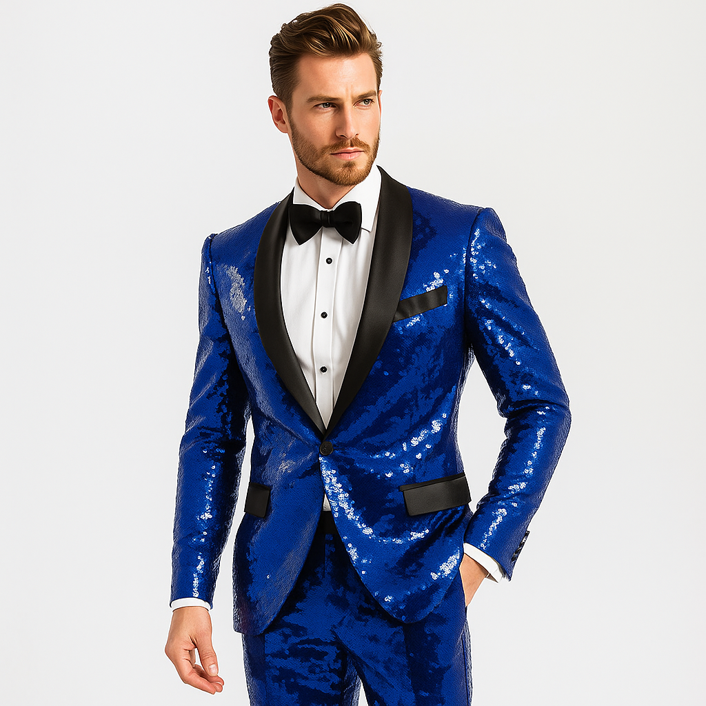 Sequin Suit - Shiny Suit - Royal Blue Suit - Metallic Fabric suit - Stage Tuxedo - Groom Suit Jacket + Pants