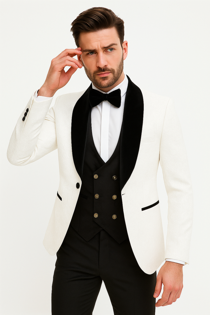 Marco Lorenzo Premium Paisley Black Velvet 4pc Suit W/ Matching Bowtie