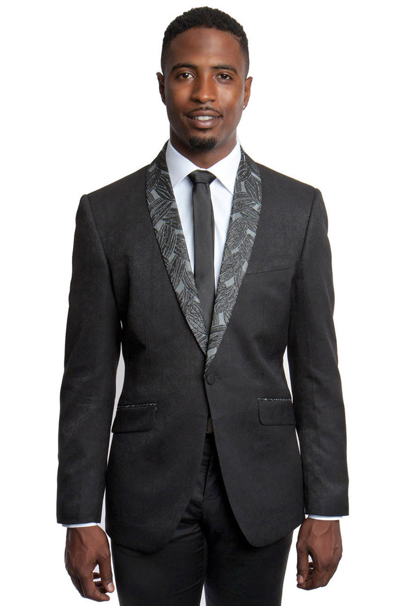 Men's Slim Fit Dinner Jacket in Black with Leaf Pattern