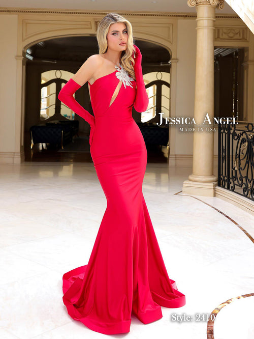 Jessica Angel JA2410 One-Shoulder Mermaid Open Back Train Beaded Jersey Dress