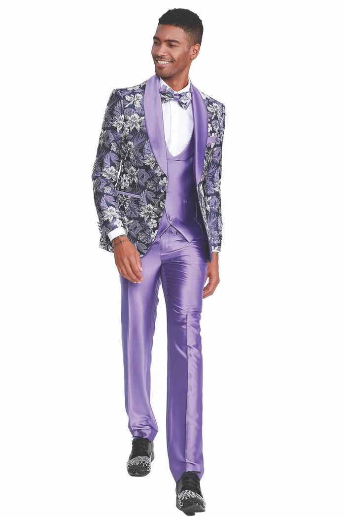 Men's Slim Fit One Button Vested Paisley Shawl Lapel Prom Tuxedo in Purple by Tazzio