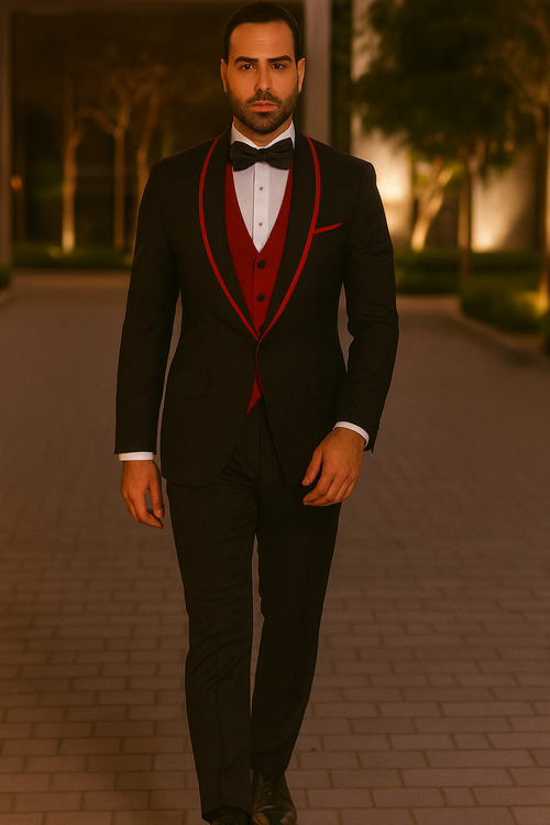 Statement Men's Black with Red Lapel Vested 100% Wool Tuxedo by menstuxedousain