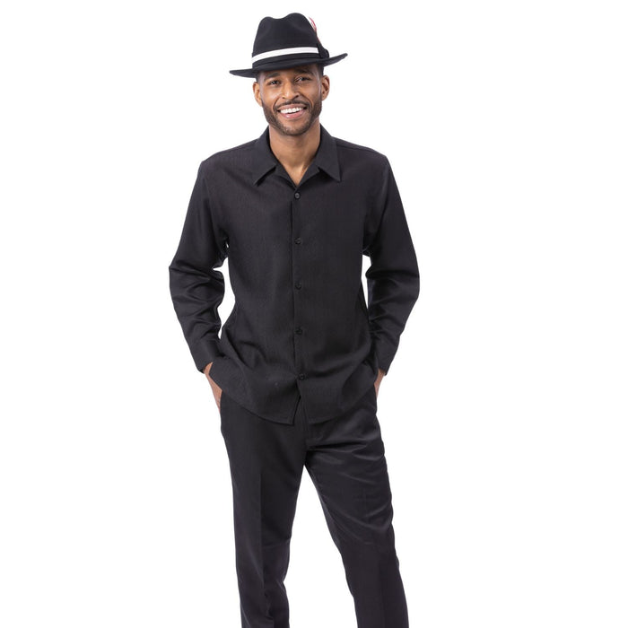 Black Tone-on-Tone Wave Texture Long Sleeve 2-Piece Walking Suit