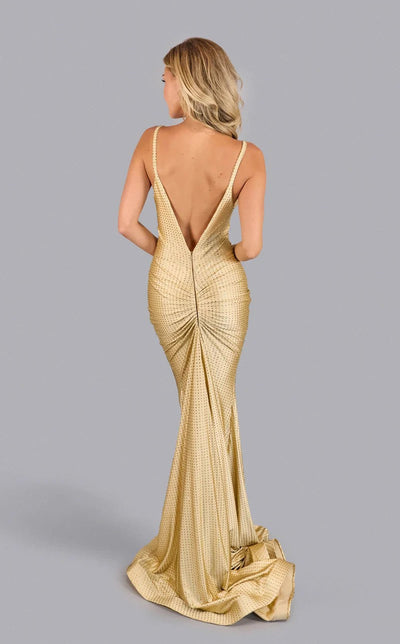 Jessica Angel JA2638 V-Neck Spaghetti Strap Fitted V-Back Crystal Jersey Dress