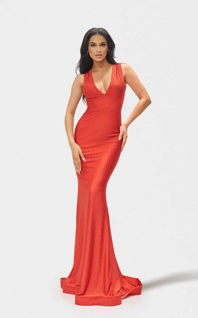 Jessica Angel JA2673 Deep V-Neck Sleeveless Mermaid Crystal Jersey Dress