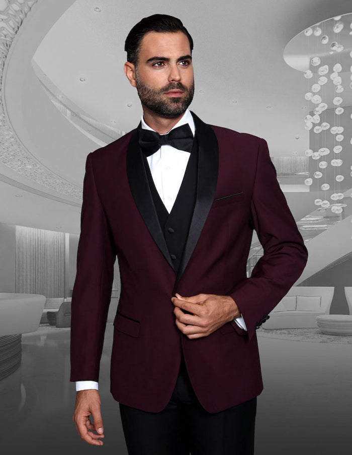 Maroon Prom Suit - Maroon Prom Tuxedo Suits - Maroon Wedding Tuxedo Mens Vested Wool Shawl Lapel Tuxedo in Burgundy