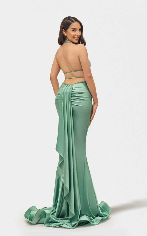 Jessica Angel JA2711 Halter Mermaid High Slit Ruched Train Prom Jersey Dress