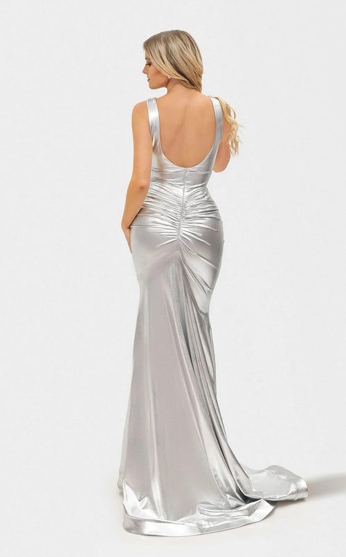 Jessica Angel JA2726 Deep V-Neck Sleeveless Fitted Prom Foil Jersey Dress
