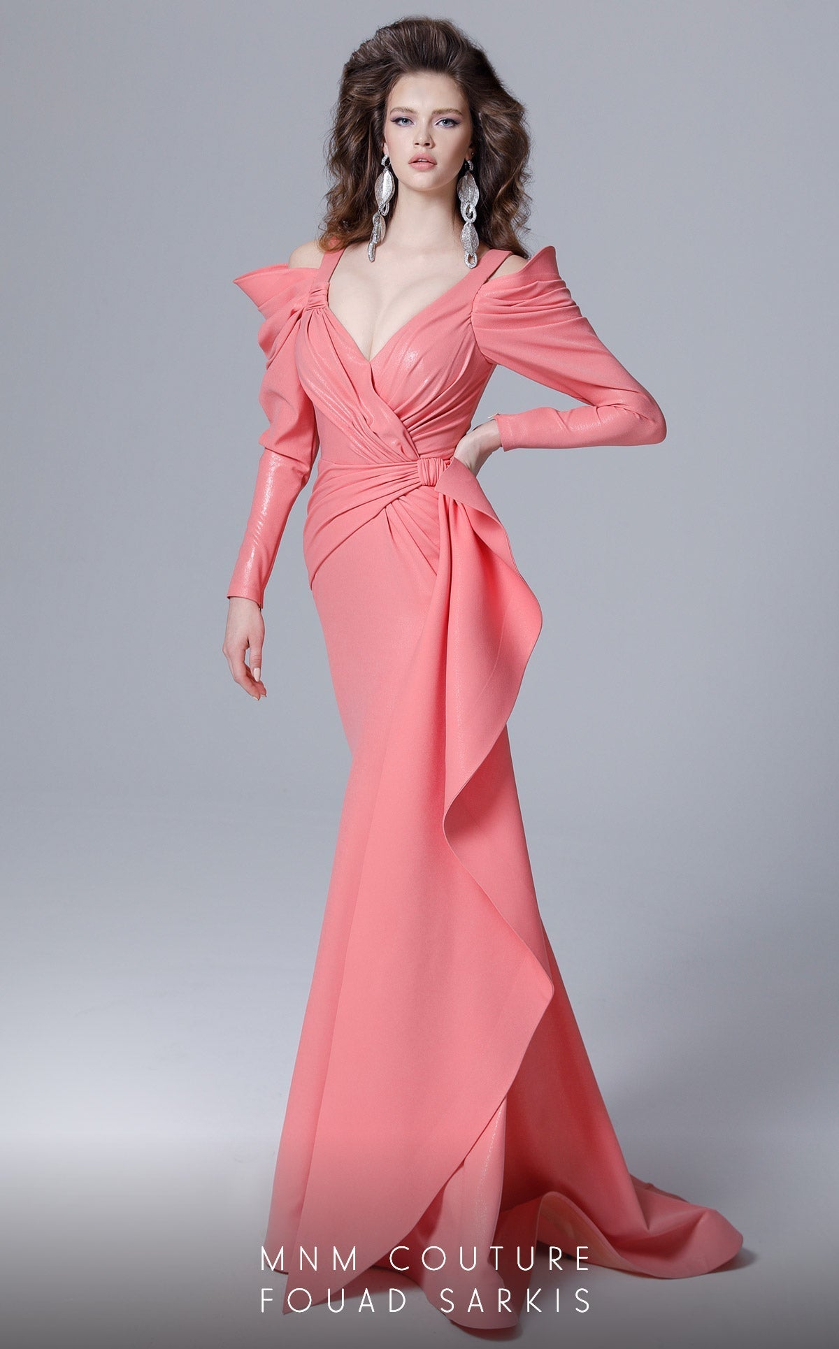 Fouad Sarkis 2728 Cold-Shoulder Draped Gown