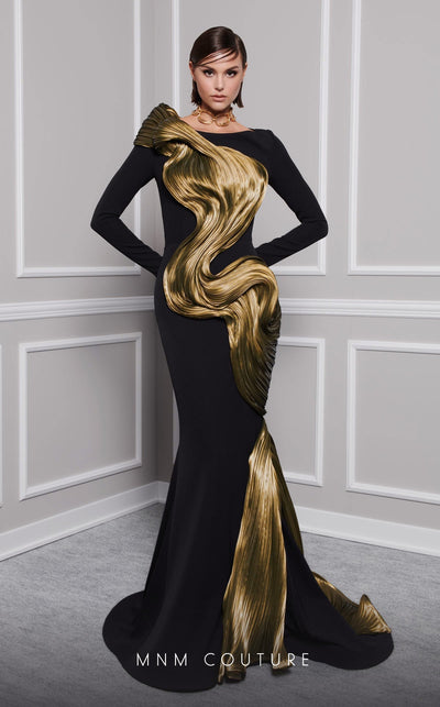 MNM Couture 2730A Jewel Neck Draped Mermaid Gown in Black/Olive