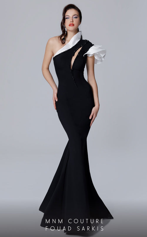 Fouad Sarkis 2736 One-Shoulder Contrast Ruffle Gown by MNM Couture