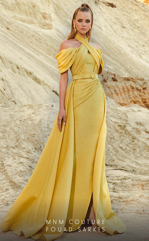Fouad Sarkis 2776 Off-Shoulder Draped Gown with Belt