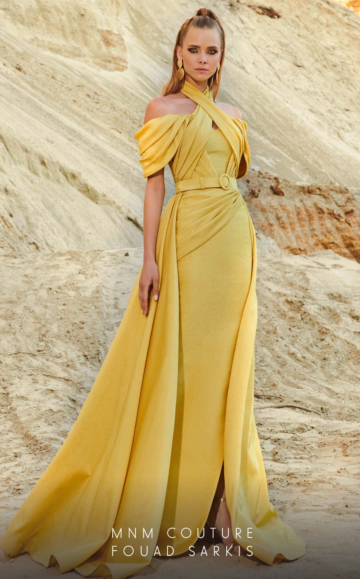 Fouad Sarkis 2776 Off-Shoulder Draped Gown with Belt – SuitUSA