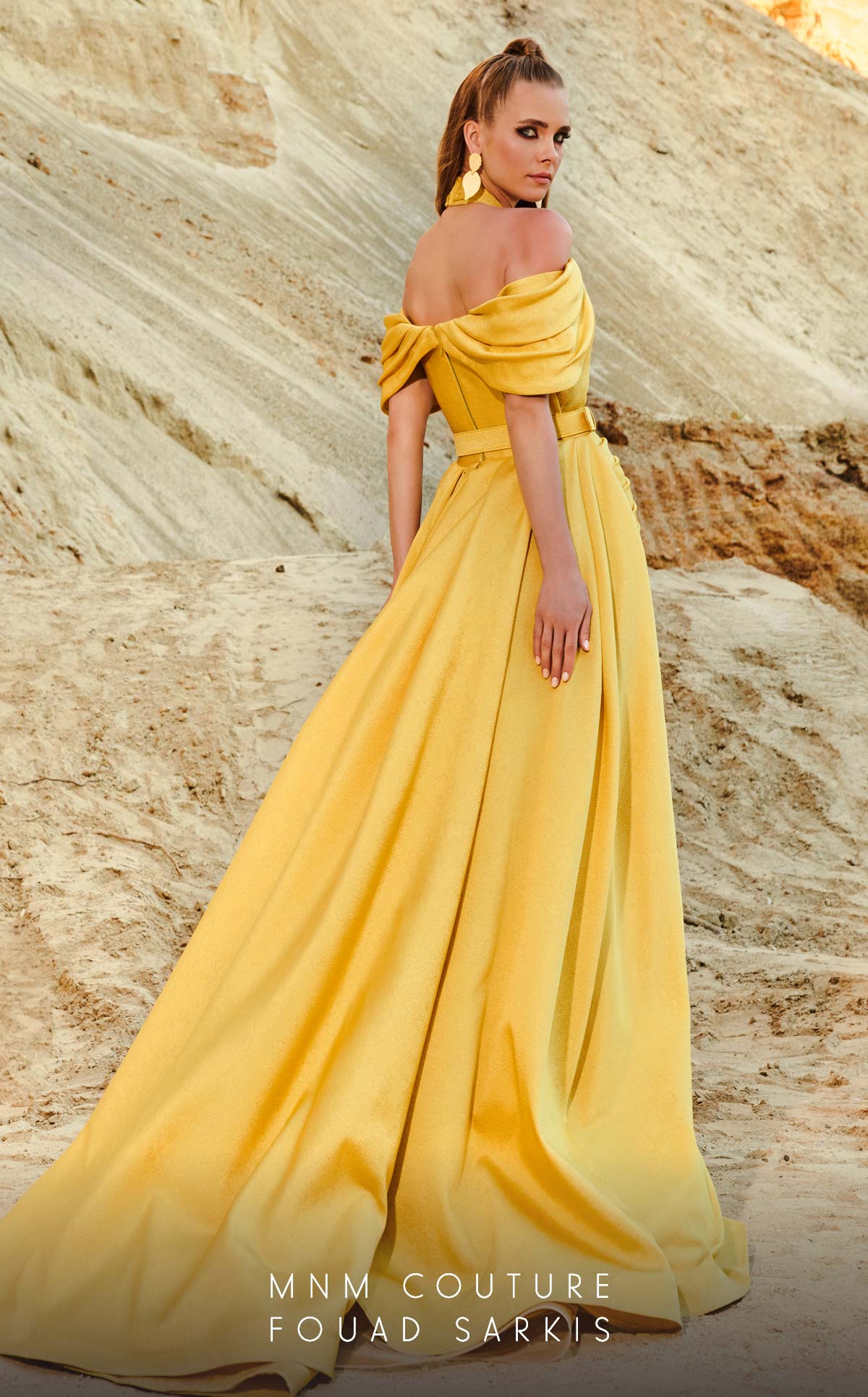 Fouad Sarkis 2776 Off-Shoulder Draped Gown with Belt