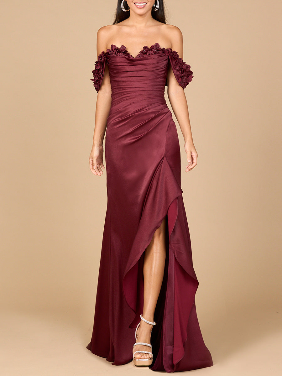 Lara 28916 Off Shoulder Wedding Guest Dress Crepe Simple Evening Gown with Slit