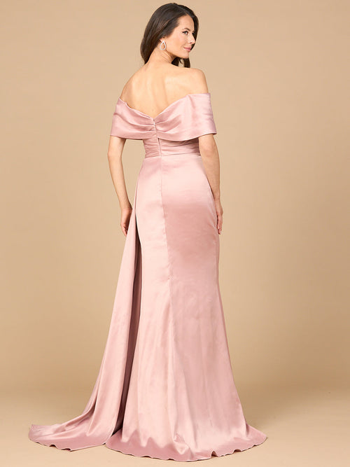 Lara 28945 Off Shoulder Satin Formal Dress Long Side Cape Mother of the Bride Dress