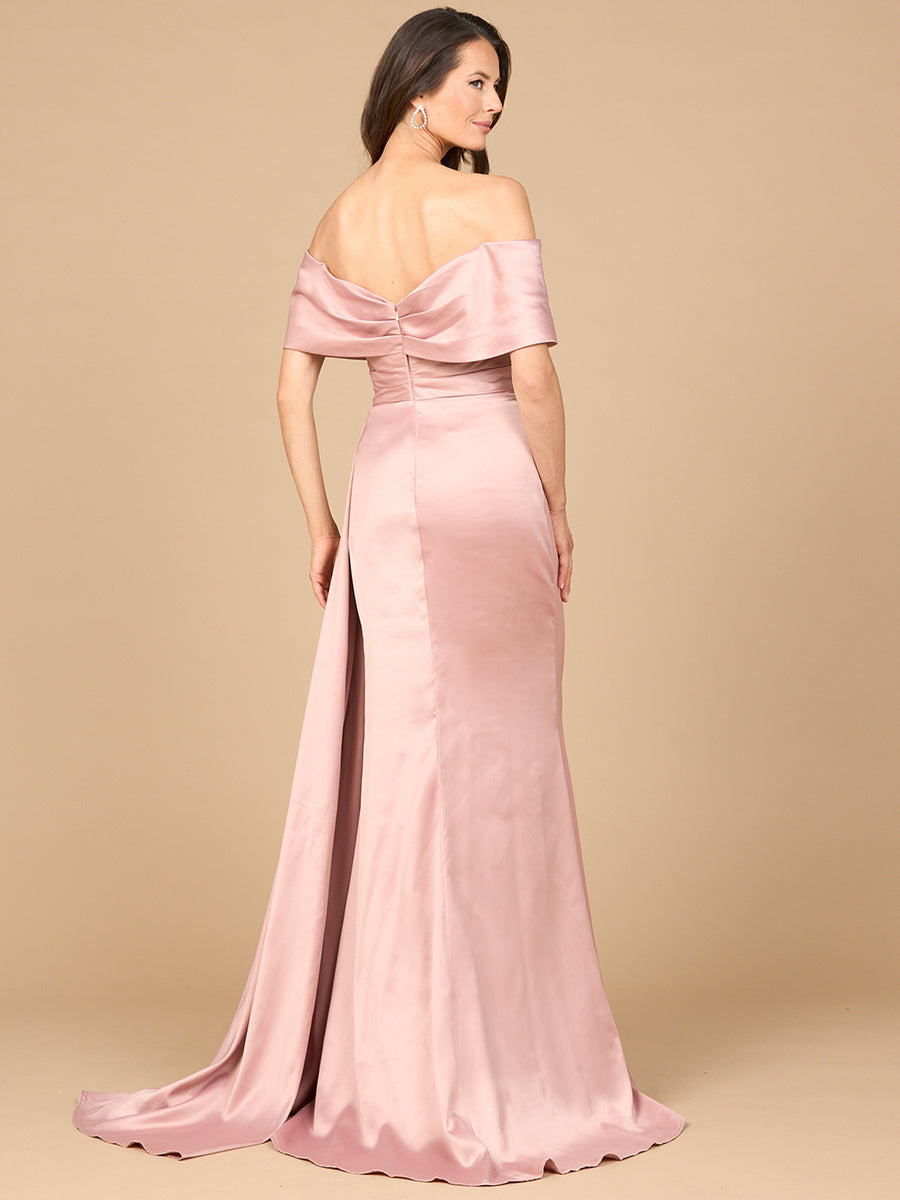 Lara 28945 Off Shoulder Satin Formal Dress Long Side Cape Mother of the Bride Dress