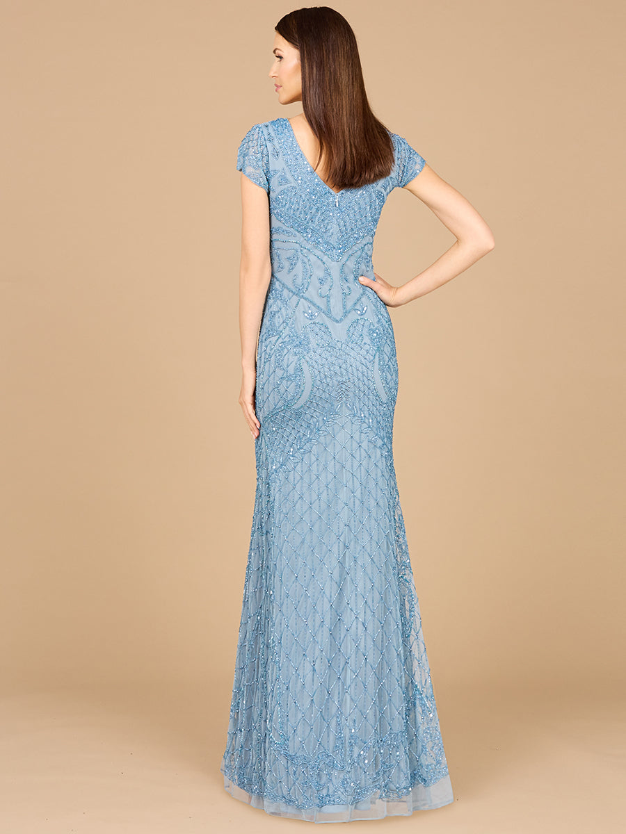 Lara 29073 Beaded Cap Sleeve Formal Evening Gown With V-Neckline