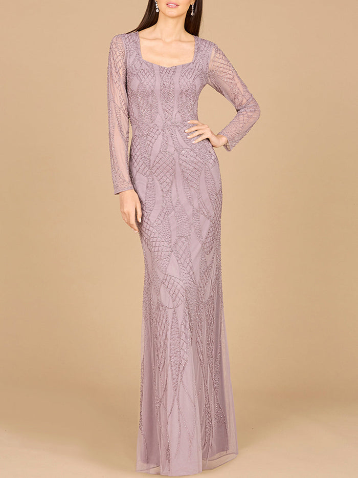 V Neck Beaded Long Sleeve Dress